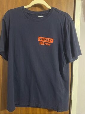 crown & ivy navy tee with orange 'Whiskey 100 Proof' chest graphic